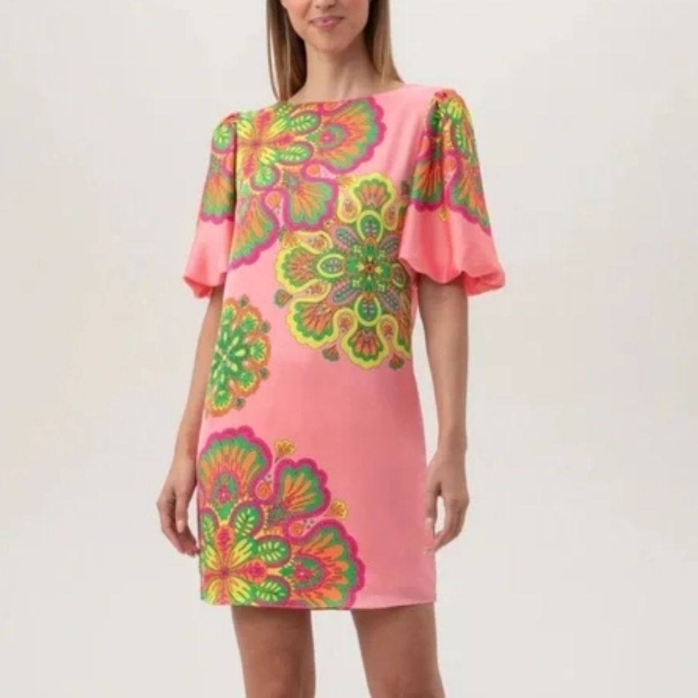 TRINA TURK | Retro Luv Dress Pink Dawn Multi Floral Puff Sleeve Shift Dress | 2
